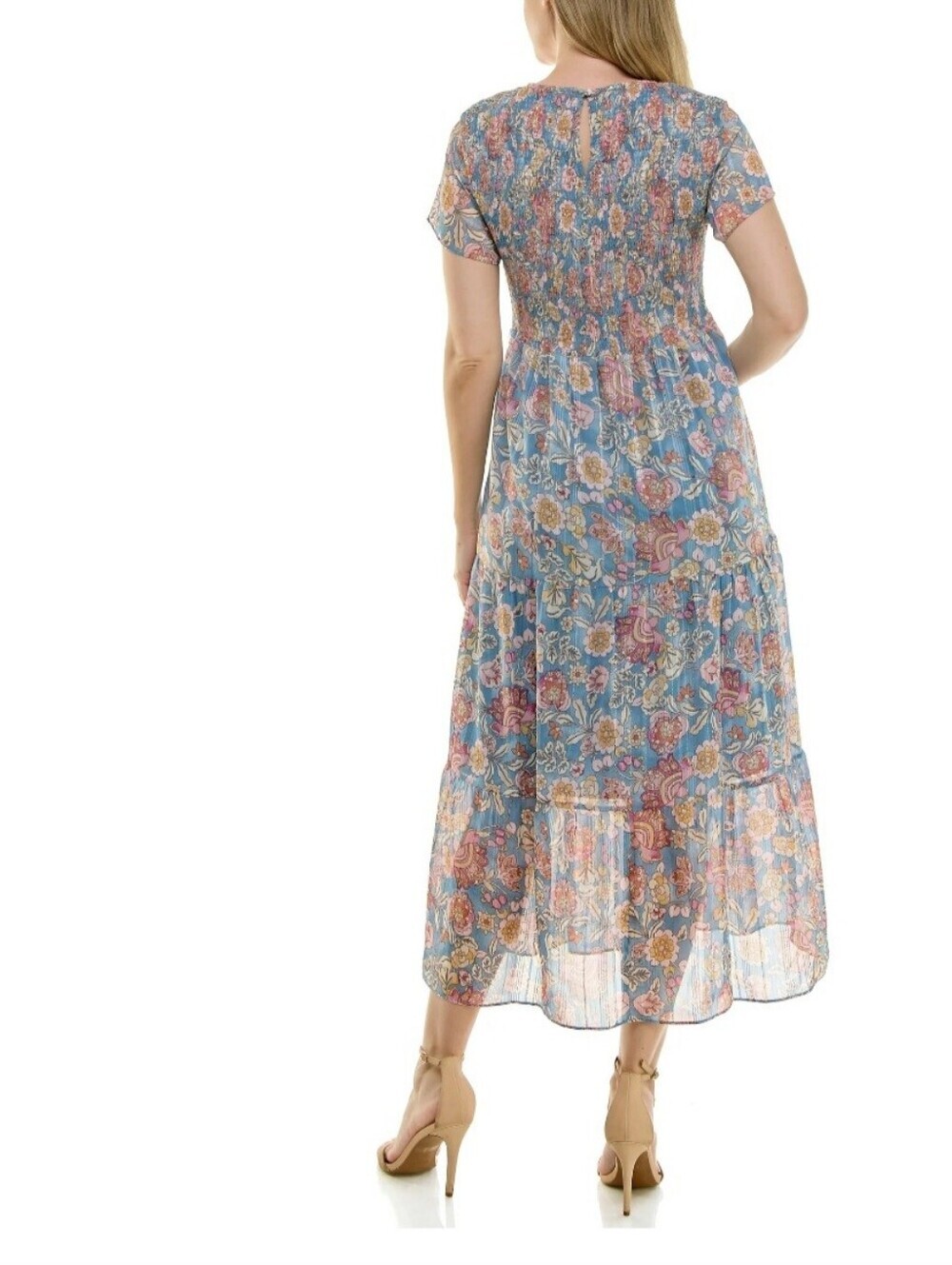 Nanette Lepore Blue Floral Smocked Maxi Dress Metallic Stripe Size 10 - Picture 3 of 7